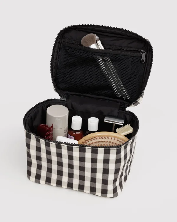 Large Cosmetic Case - Black And Cream Gingham - Material: heavyweight-nylon