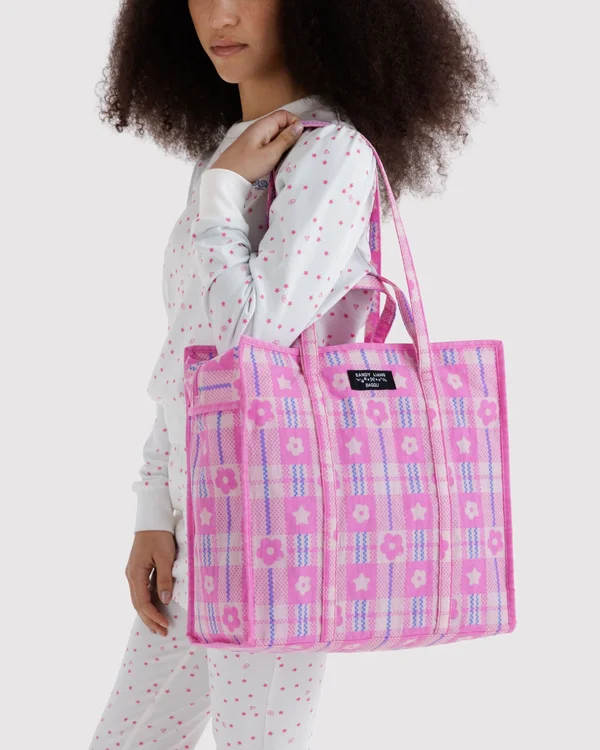 Large Nylon Market Bag - Market Plaid Pink - Size: OS