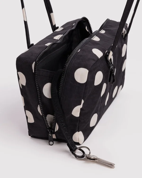 Nylon Bowler Bag - Black And Cream Polka Dot - Material: heavyweight-nylon
