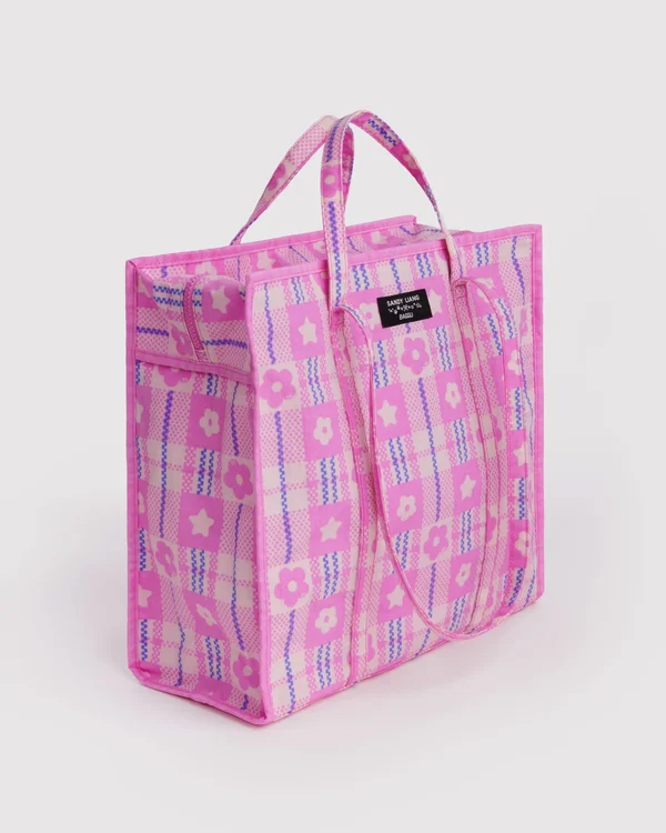 Large Nylon Market Bag - Market Plaid Pink - Size: OS